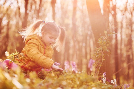 Happy little girl in casual clothes sitting in spring forest at daytimeの写真素材