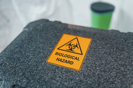 Close up view of closed case with biological hazard insideの写真素材