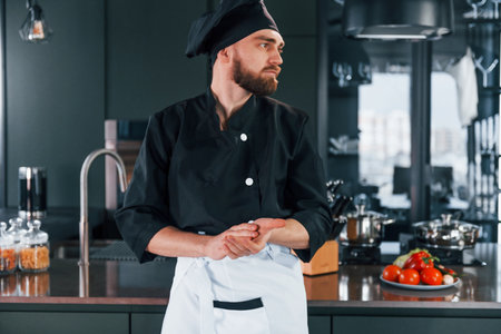 Portrait of professional young chef cook in uniform that posing for camera on the kitchenの写真素材