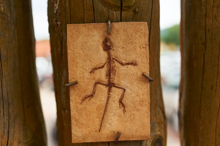 Bones of ancient old prehistoric wild animals hanging on the wall at the show. Conception of paleontologyの写真素材