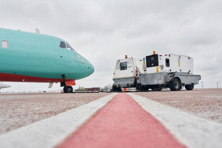 Vehicle nearby. Turboprop aircraft parked on the runway at daytimeの写真素材