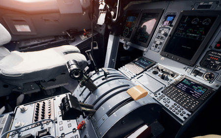 Knobs and buttons. Close up focused view of airplane cockpit