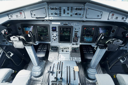 Different displays. Close up focused view of airplane cockpit