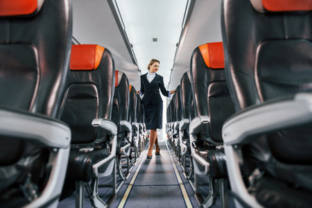 Empty seats. Young stewardess on the work in the passanger airplaneの写真素材