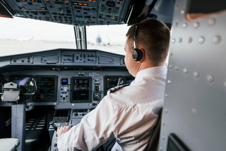Pilot on the work in the passenger airplane. Preparing for takeoffの写真素材
