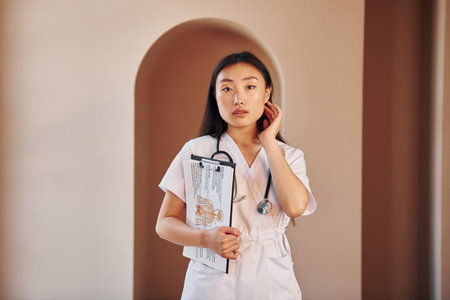Documents in hands. Young serious asian woman standing indoorsの写真素材