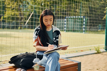 Writes in the notepad. Young asian woman is outdoors at daytimeの写真素材