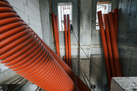Inside of the unfinished building. Orange colored pipesの写真素材