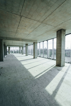 Indoors in the unfinished building. Conception of constructionの写真素材
