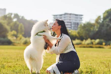 Woman is sitting on the ground of field with her cute dogの写真素材