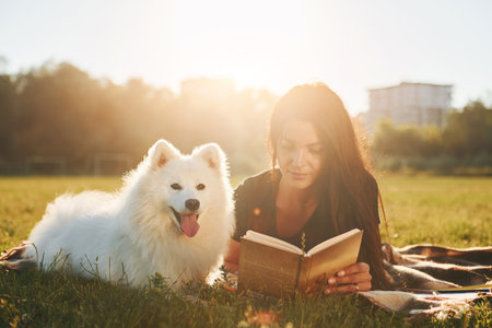 With book. Woman with her dog is having fun on the field at sunny daytimeの写真素材