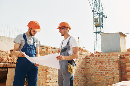 With documents. Two construction workers is together at the building