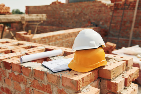 Close up view of protective hard hats that laying down on the bricksの写真素材