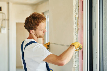 Professional occupation. Young man working in uniform at construction at daytimeの写真素材