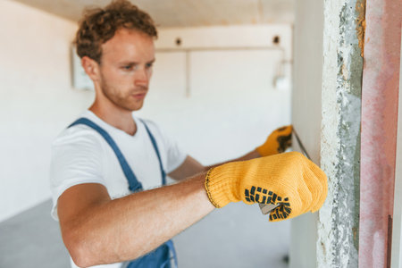 Professional occupation. Young man working in uniform at construction at daytimeの写真素材