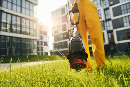 Beautiful sunshine. Man cut the grass with lawn mover outdoors in the yardの写真素材