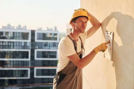 Leaning on the wall. Young man working in uniform at construction at daytimeの写真素材