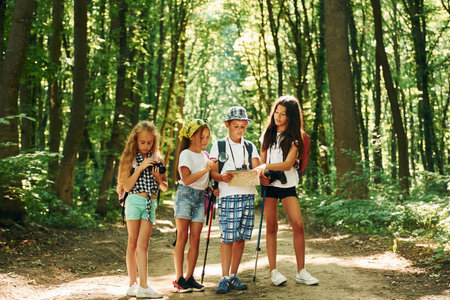 Weekend activies. Kids strolling in the forest with travel equipmentの写真素材