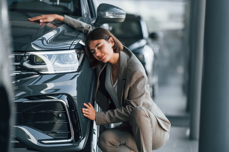 Embracing the car. Woman is indoors near brand new automobile indoorsの写真素材