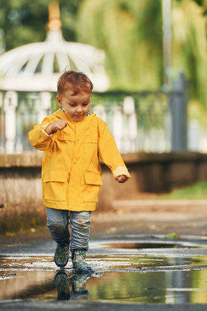 Little boy in yellow coat have a walk outdoors in the park after the rainの写真素材