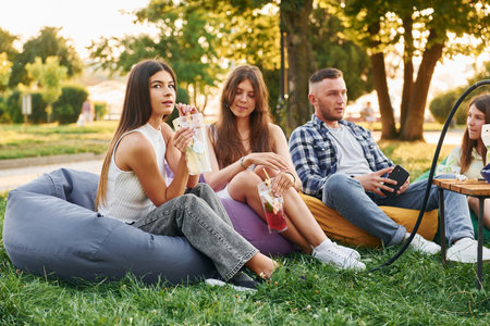 Drinking and smoking. Group of young people have a party in the park at summer daytimeの写真素材