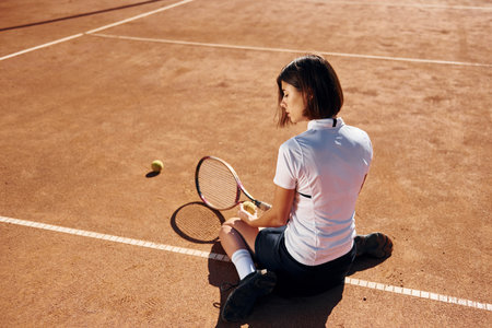 Rear view. Female tennis player is on the court at daytimeの写真素材
