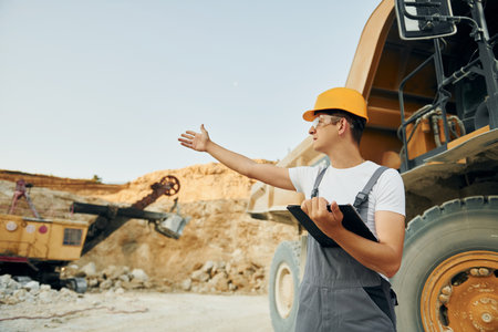 Quality vehicle. Worker in professional uniform is on the borrow pit at daytimeの写真素材