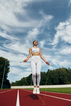 Young woman in sportive clothes is jumping outdoorsの写真素材