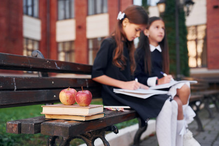 Books and apples. Two schoolgirls is outside together near school buildingの写真素材