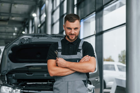Arms crossed. Man in uniform is working in the autosalon at daytime.の写真素材