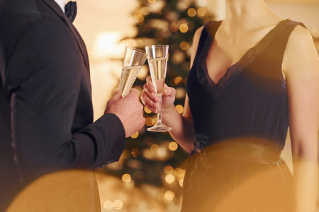 Close up view. Happy couple have a new year party indoors together.の写真素材