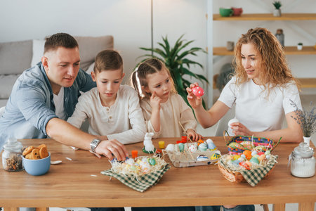 Sitting by the table. Happy family celebrating Easter holidays together.