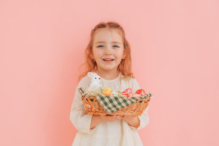 Happy little girl standing against pink background and celebrating Easter.