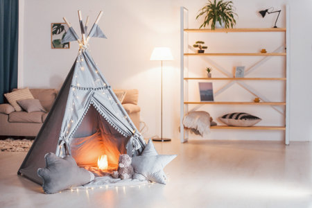 Tent with lamb in it is in the domestic room. No people.の写真素材