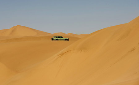 Riding outdoors. Car in the deserts of Africa, Namibia.