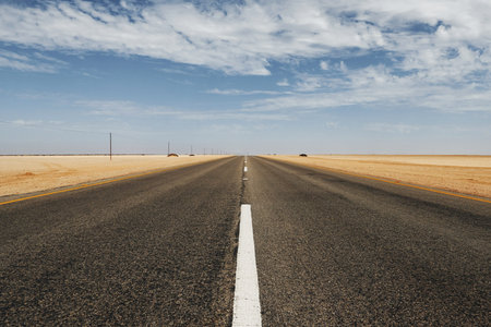 Straight surface. Majestic landscaped view of road in Africa, Namibia.