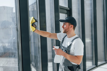 Cleaning window by using special liquid. Repairman is working indoors in the modern room.
