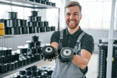 Holding objects and smiling. Man in uniform is in workstation developing details of agriculture technique.の写真素材
