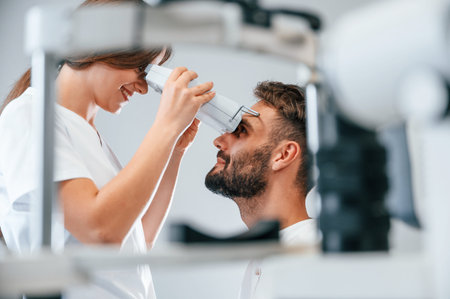 Side view. Man's vision checked by female doctor in the clinic by using special optometrist device.