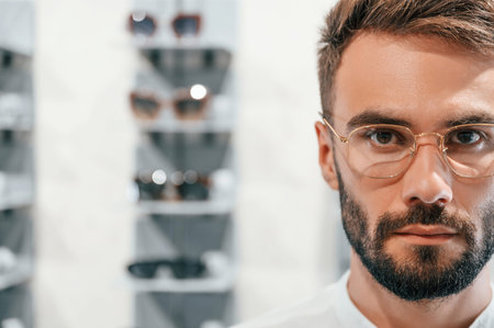 Close up portrait. Stylish man with beard choosing glasses in the optics store.