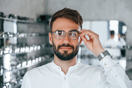 Modern look. Stylish man with beard choosing glasses in the optics store.