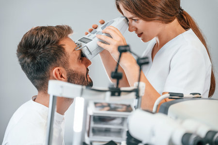 Modern technologies. Man's vision checked by female doctor in the clinic by using special...