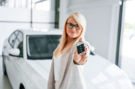 Holding keys. Woman in white formal clothes is in the car dealership.