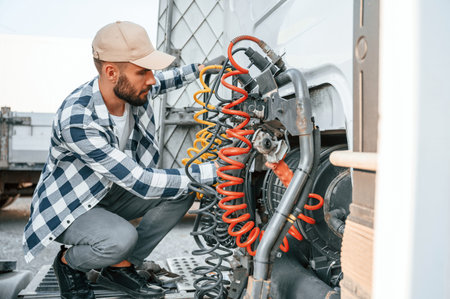 Checking the wires connection. Young truck driver is with his vehicle at daytime.