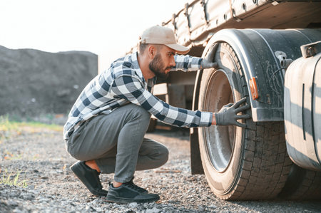 Testing the tires. Young truck driver is with his vehicle at daytime.