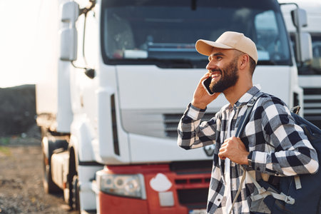 Smiling, talking by phone. Young truck driver is with his vehicle at daytime.