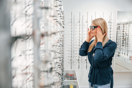 Wearing the glasses. Woman is in the store.