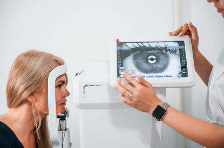 Side view. Woman's vision is tested by clinic worker that using special device.