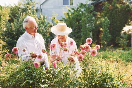 With beautiful flowers. Lovely senior couple is in the garden together.の写真素材