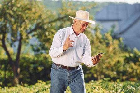 Using smartphone. Senior man is standing in the garden at the daytime.の写真素材